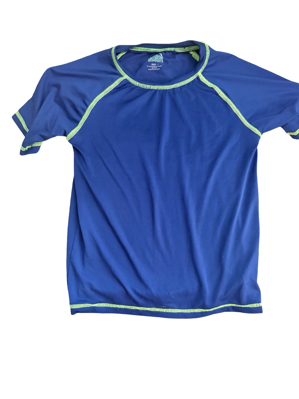 STX Boys Short Sleeve Rash Guard Swim Shirt Blue w/ Lime Green Stitch - Size 7